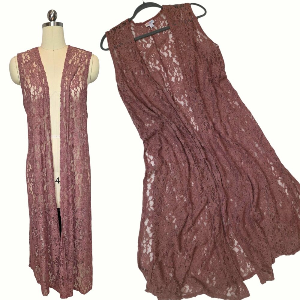 LuLaRoe Joy Vest Large Lace Pink Stretch Longline Layering Duster Boho Romantic